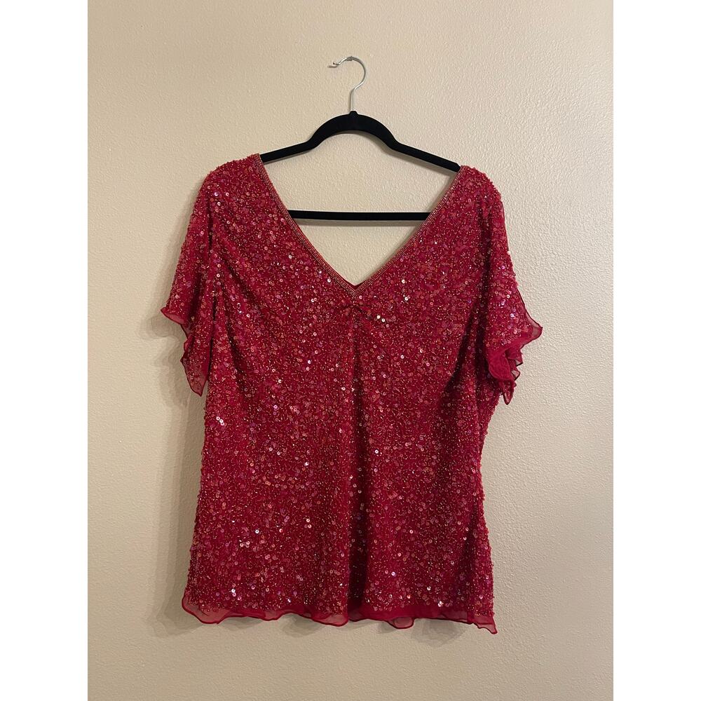 Adrianna Papell Boutique Red Silk Sequin Top Womens Size 3X Glam Evening Hot
